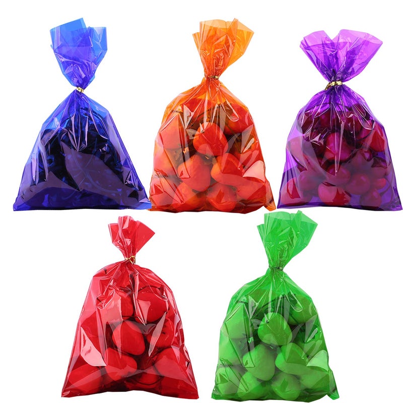 Morepack Colored Cellophane Treat Bags, 6x9 Inch 100 pcs Colorful Cello Cellophane Bags with 100 Twist Ties for Party Favors - Image 1